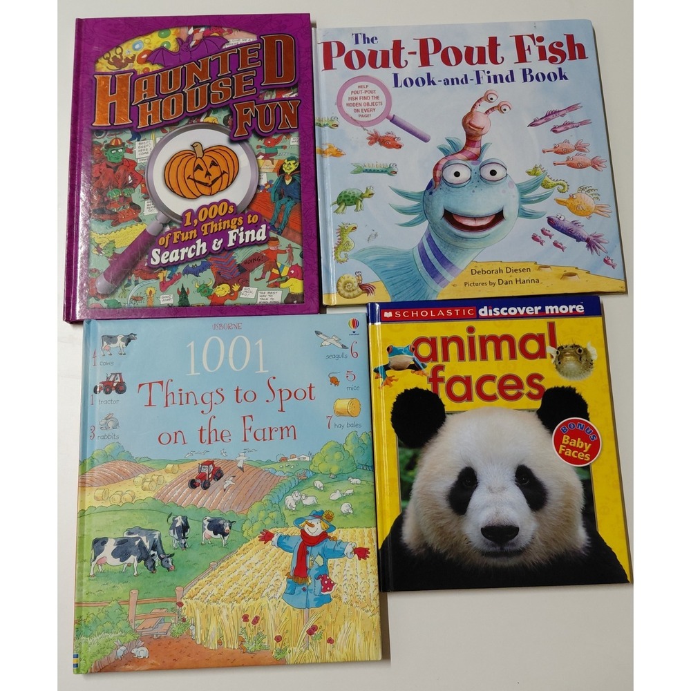 Lot of 4 Children's Search & Find Books Pout-Pout Fish Usborne Farm Animal Faces